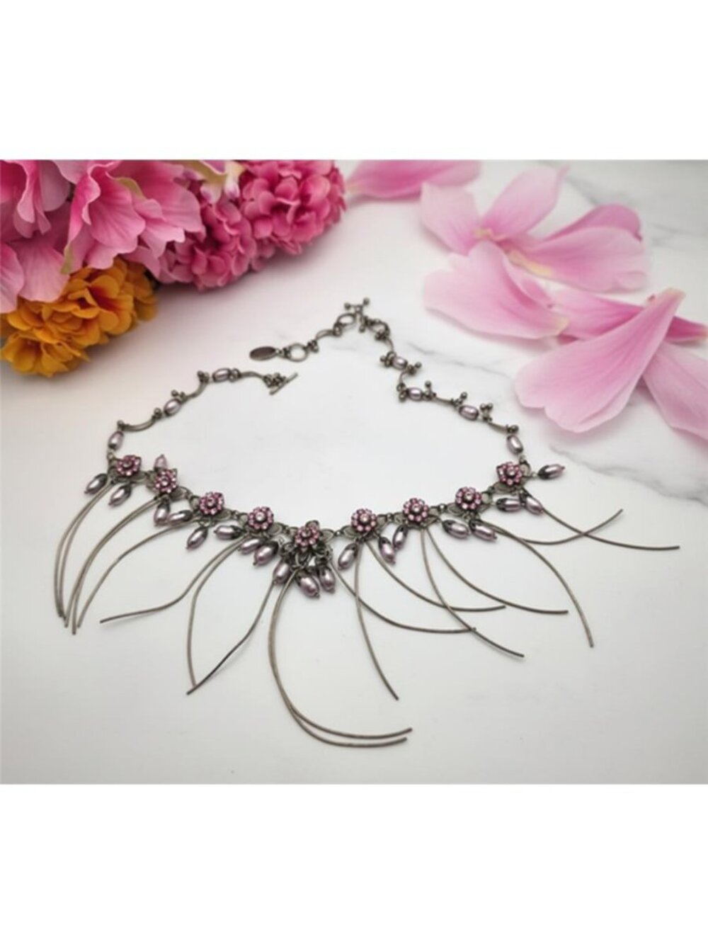 Kenny Ma San Francisco Pink Crystal Freshwater Pearl Fringe Necklace 18.5 in